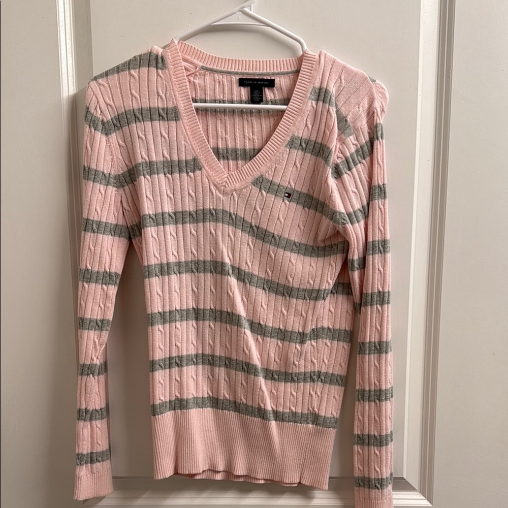 Tommy Hilfiger Pink and Gray V-Neck Sweater